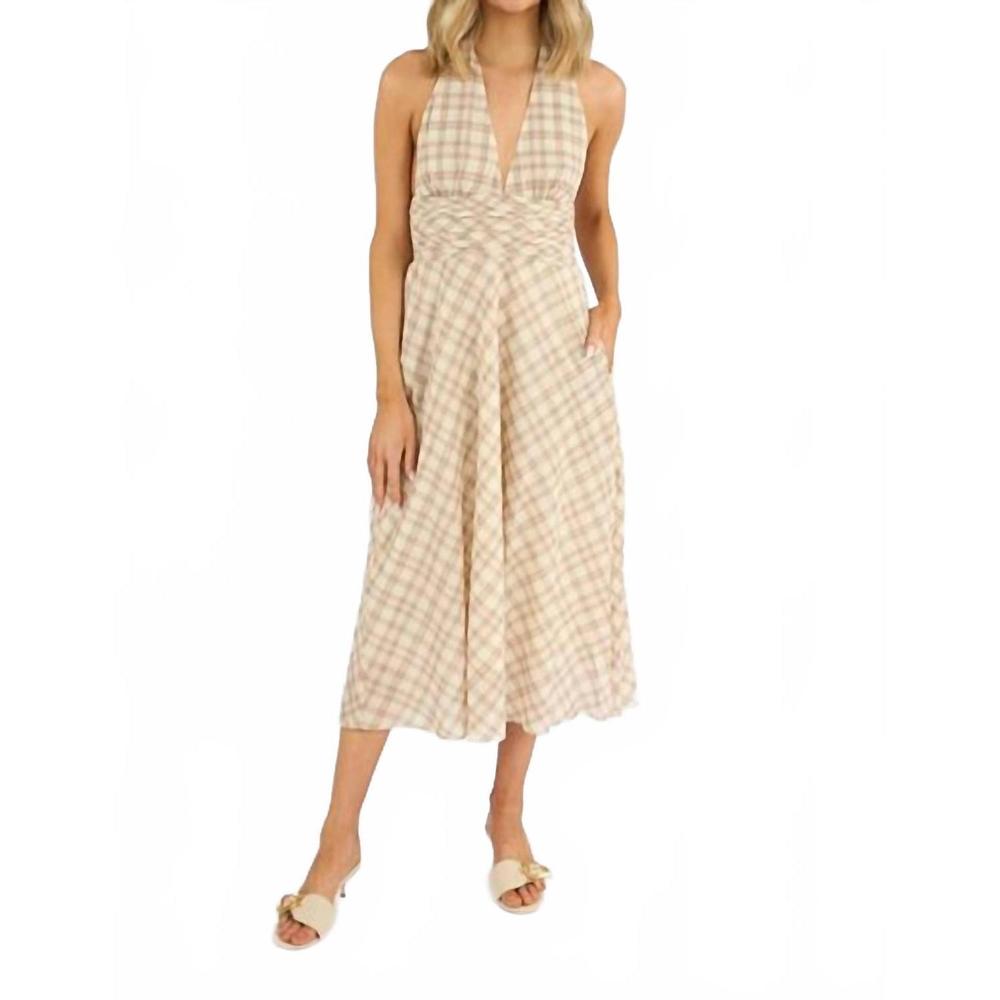 sundays Beige Plaid Halter Midi Dress